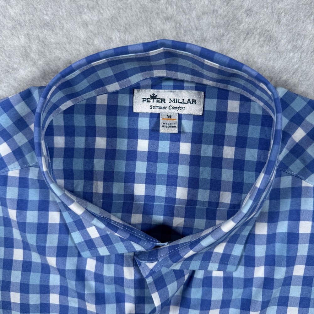 Peter Millar Summer Comfort Batik Gingham Shirt Mens Blue Performance Preppy - Picture 6 of 10